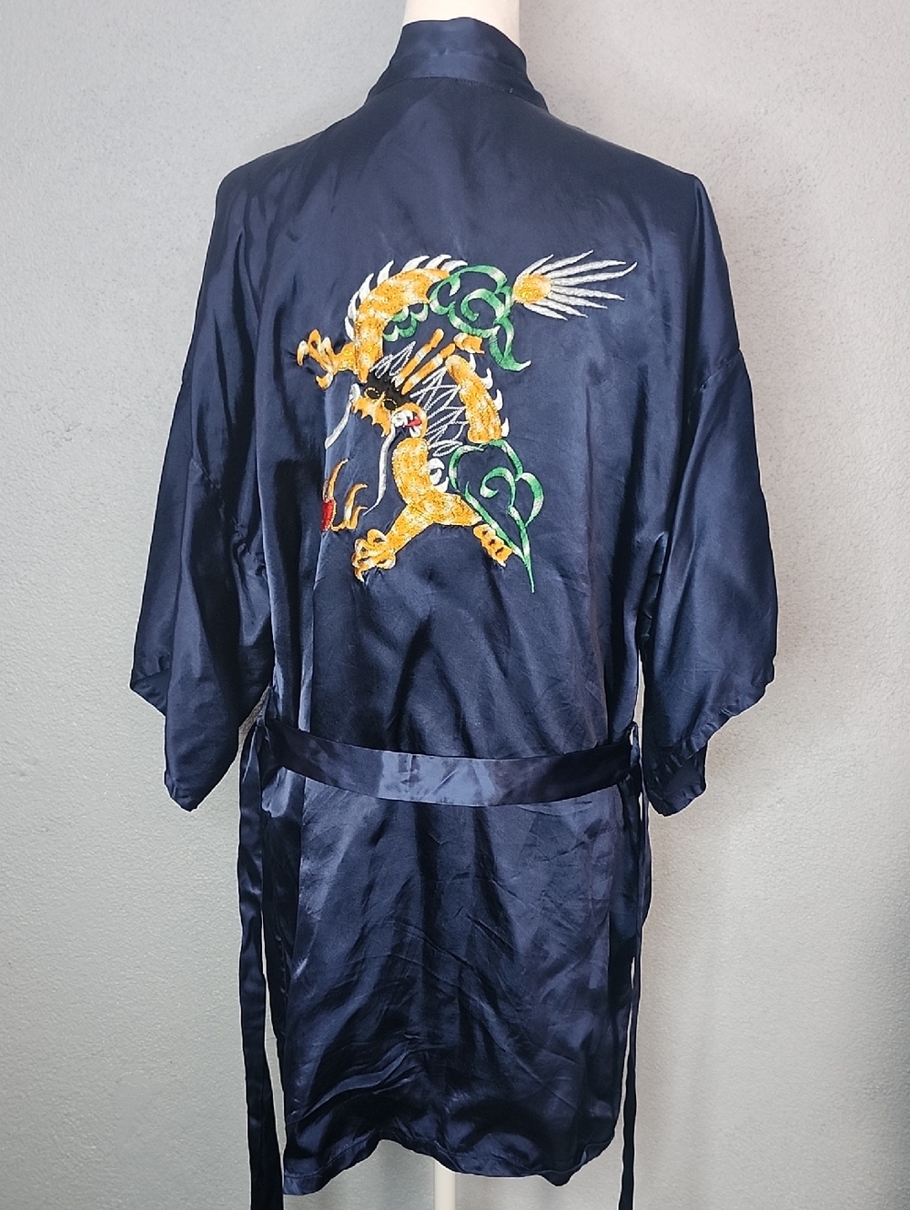 Vintage Navy Silk-Feel Embroidered Dragon Kimono Robe